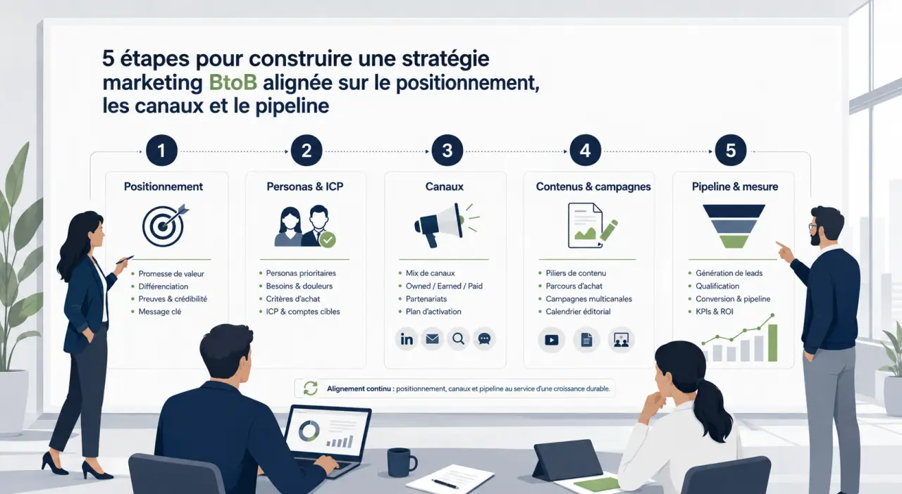 5 étapes pour construire une stratégie marketing BtoB alignée sur le positionnement, les canaux et le pipeline