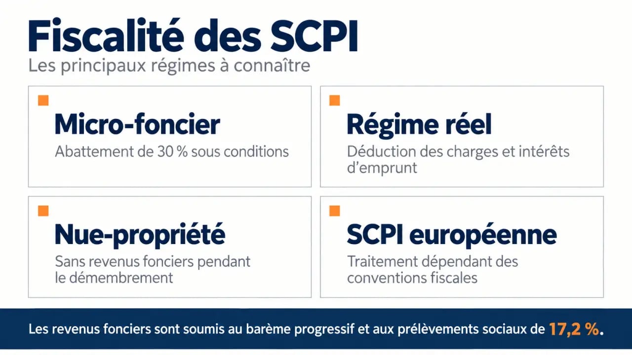 Infographie comparative sur la fiscalité SCPI selon le régime fiscal et le mode de détention