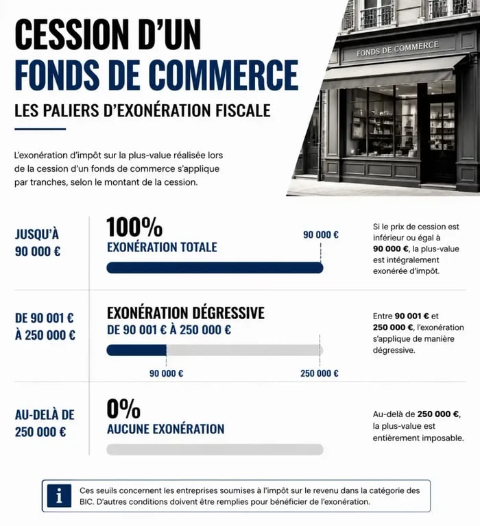 Infographie des seuils d'exonération de la plus-value lors de la cession d'un fonds de commerce