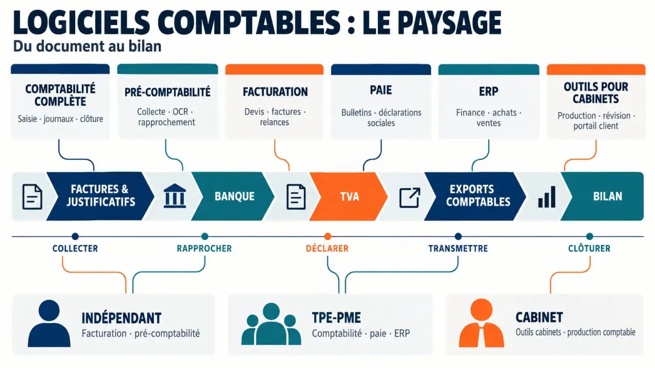 Infographie des logiciels comptables les plus utilisés selon les profils et les fonctionnalités