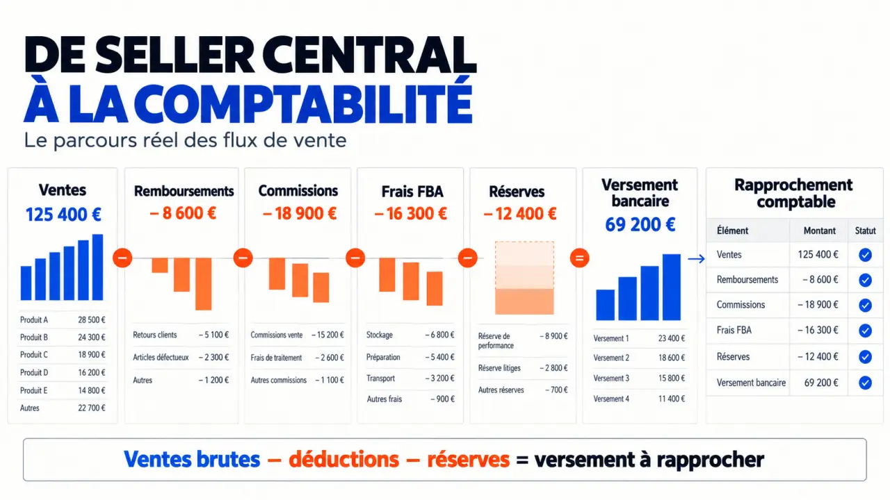 Expert comptable Amazon : schéma des flux Seller Central vers la comptabilité