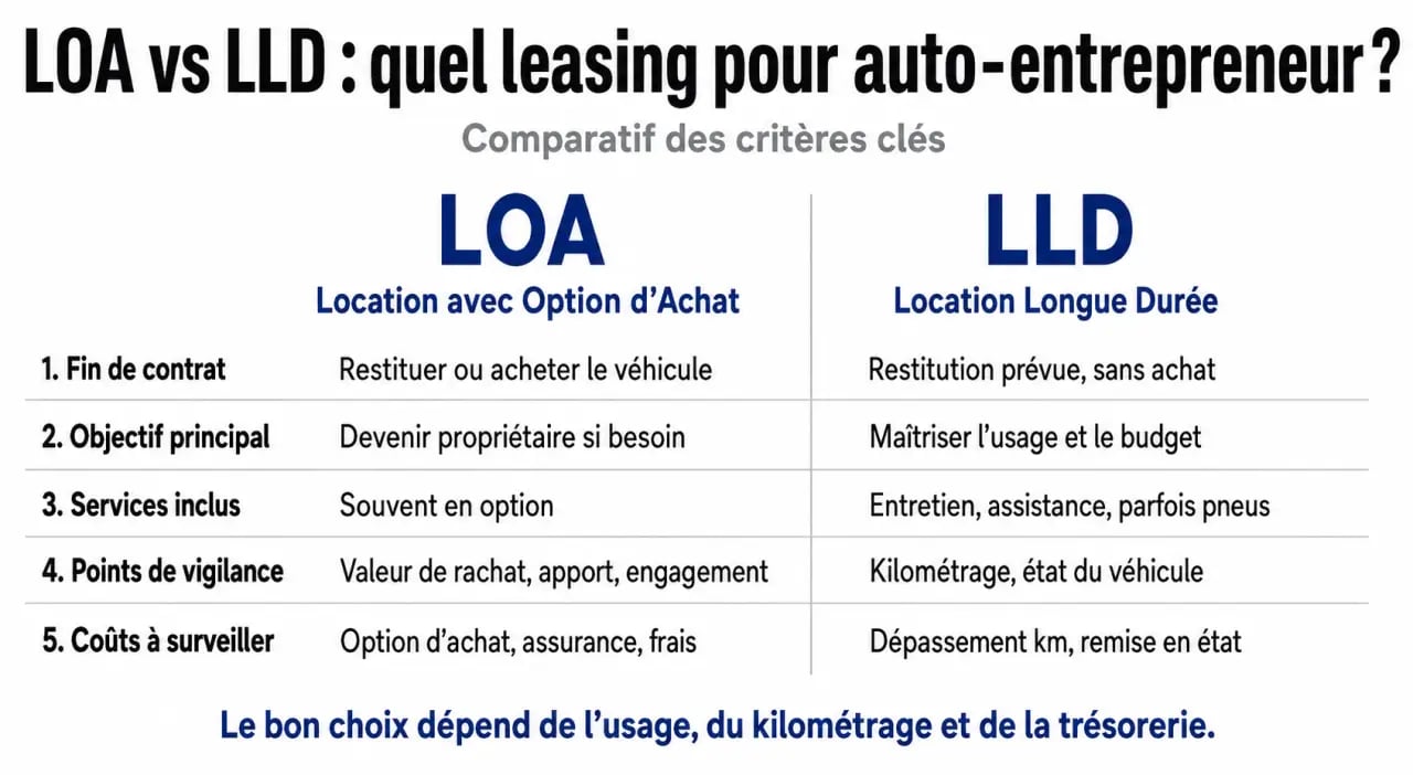 Leasing auto entreprise : comparaison visuelle entre LOA et LLD pour auto-entrepreneur
