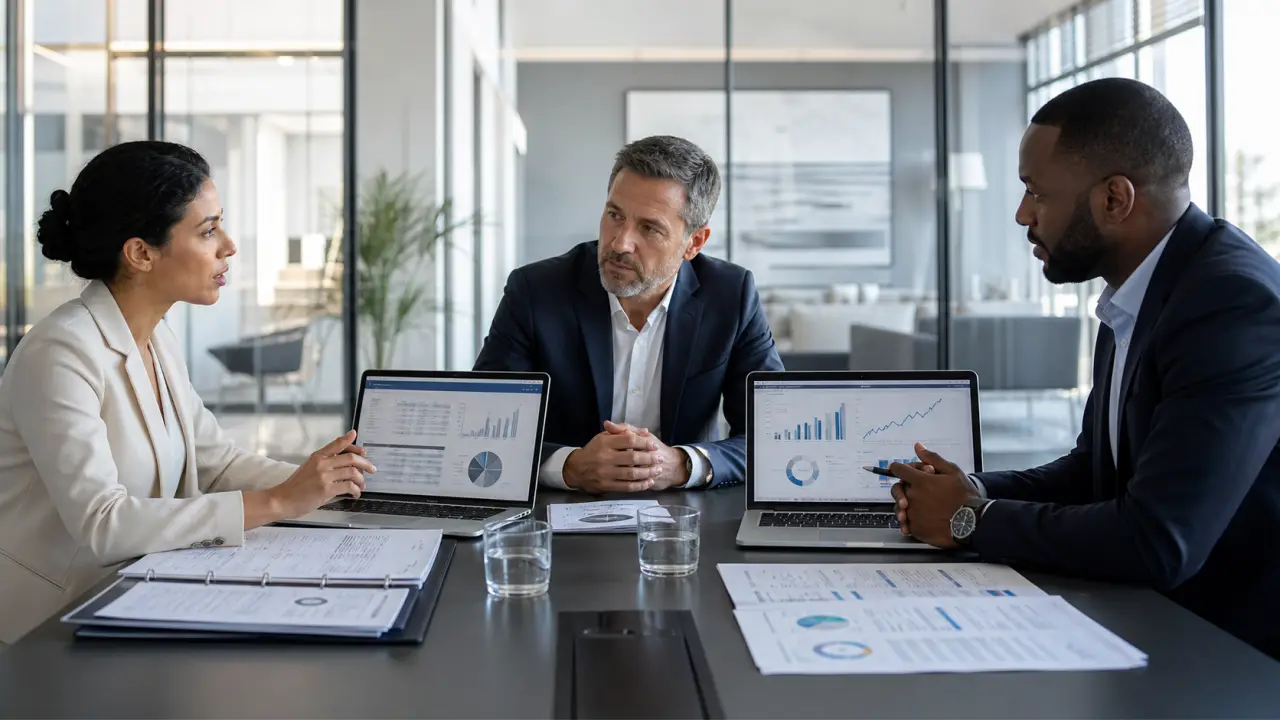 Bureau d'angle vitré avec vue sur un quartier d'affaires, deux professionnels consultant des graphiques sur une tablette