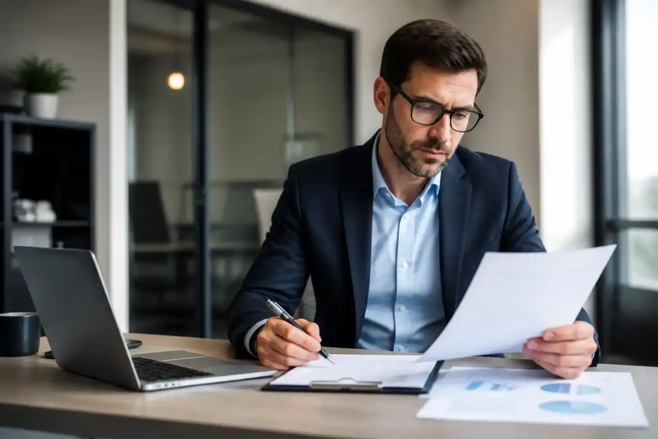 Dirigeants analysant un premier bilan comptable dans un bureau moderne