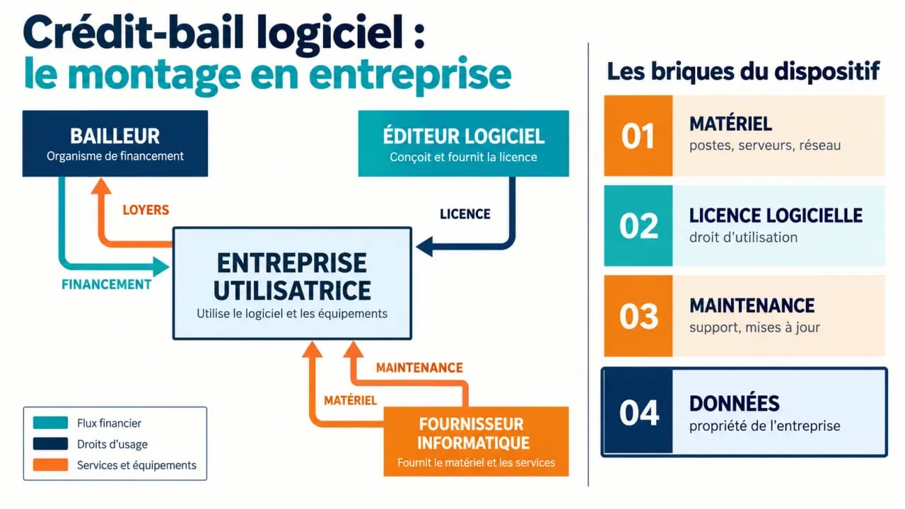Schéma du crédit-bail logiciel en entreprise entre bailleur, éditeur, fournisseur et entreprise utilisatrice