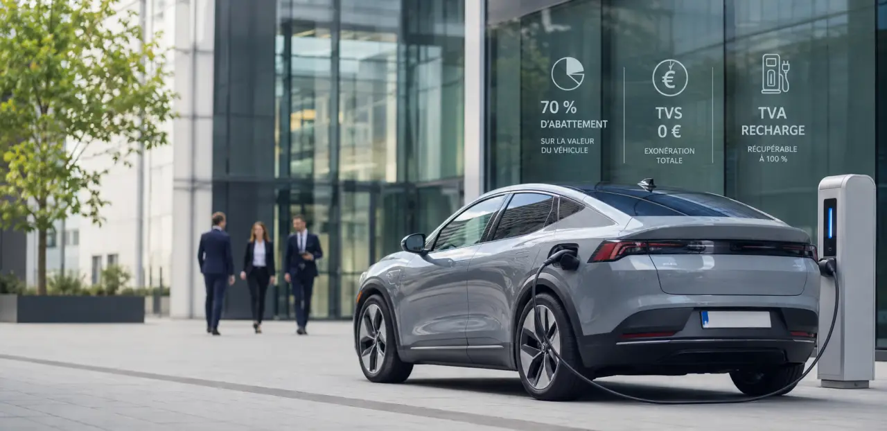 Voiture électrique en entreprise en 2025 : 70 % d’abattement, TVS à 0 € et TVA sur la recharge