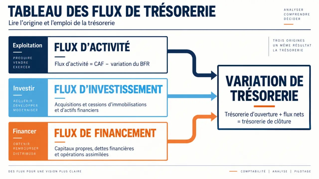 Infographie du tableau flux de trésorerie avec flux d’activité, d’investissement et de financement