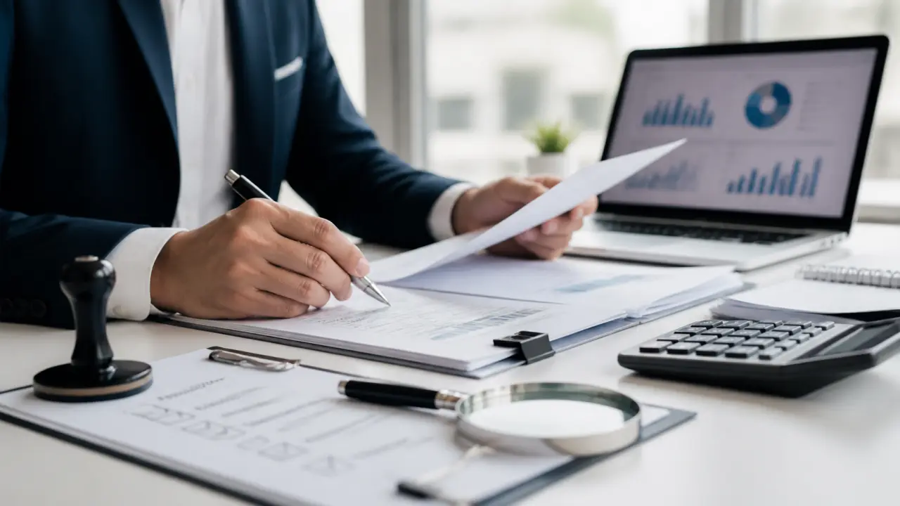 Bureau d’angle vitré avec vue sur un quartier d’affaires, deux professionnels analysant des graphiques sur une tablette