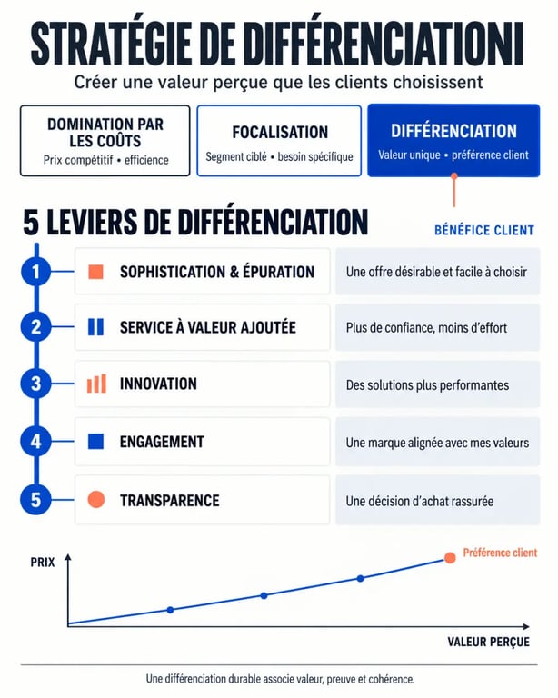Infographie sur la stratégie de différenciation et ses principaux leviers concurrentiels