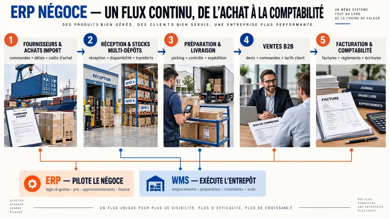 ERP négoce : schéma des flux entre achats, stocks, ventes, logistique et comptabilité