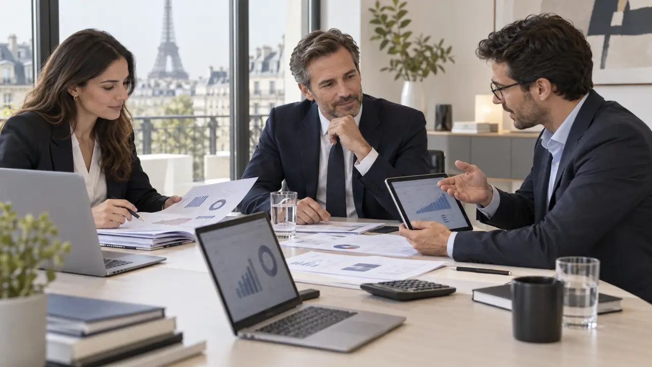 Dirigeants analysant des indicateurs financiers avec un expert
