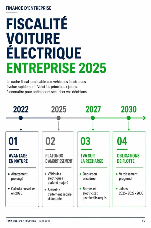 Fiscalité voiture électrique entreprise 2025 : frise des règles, plafonds et dates clés