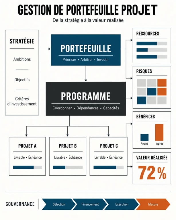 Infographie sur la gestion de portefeuille projet et les niveaux projet, programme et portefeuille