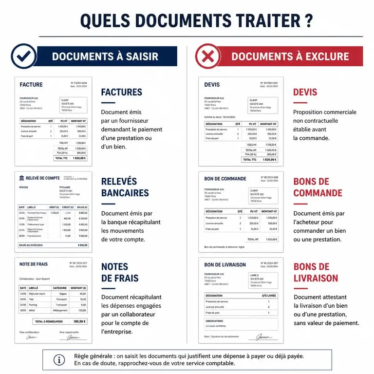 Tableau comparatif des pièces comptables à saisir ou exclure