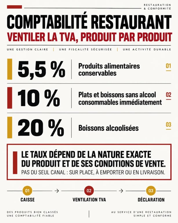 Infographie de comptabilité restaurant sur les taux de TVA de 5,5 %, 10 % et 20 %