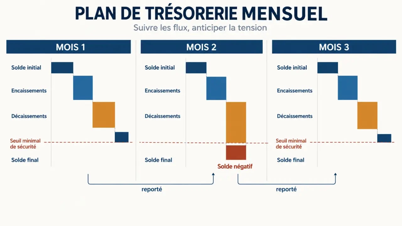 Plan de trésorerie mensuel avec encaissements, décaissements et solde final