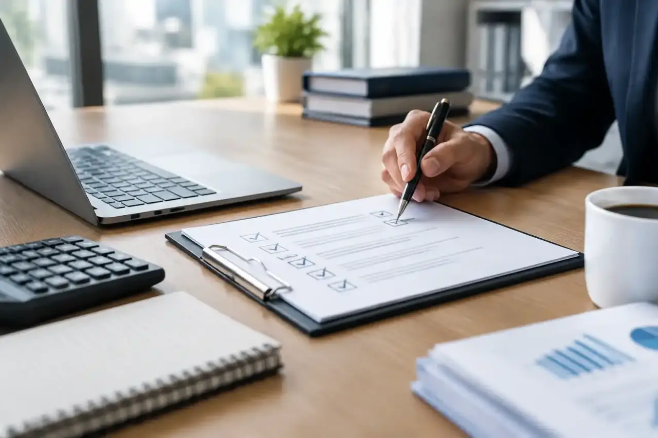 Dirigeante analysant des documents comptables avant la clôture annuelle