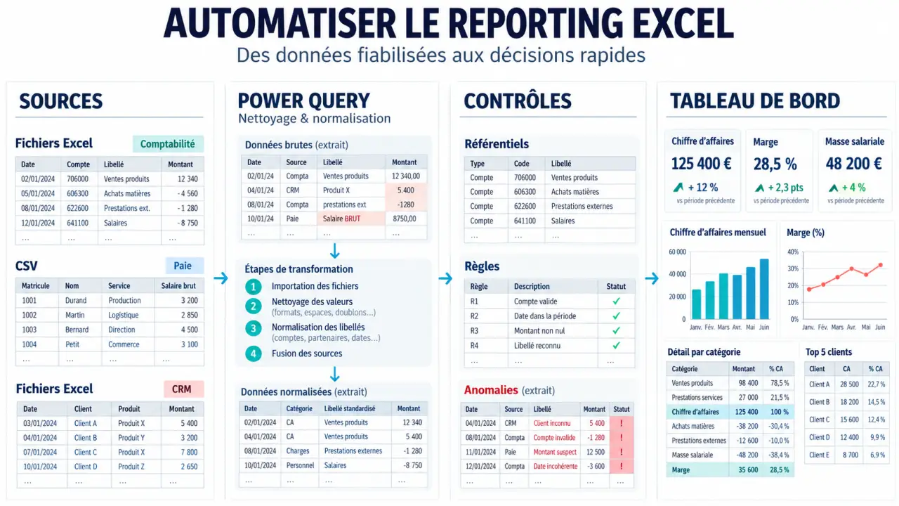 Automatisation reporting Excel : flux des sources de données vers Power Query, les contrôles et le tableau de bord