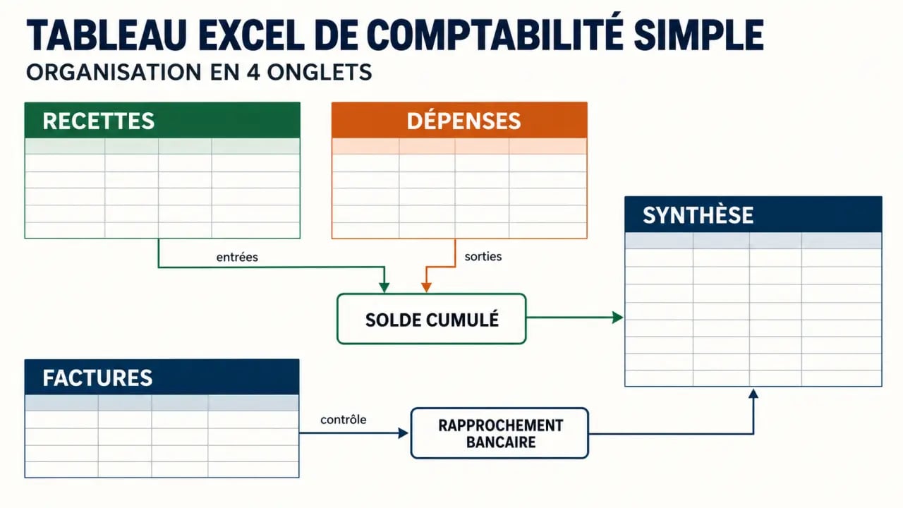 Organisation d’un tableau Excel de comptabilité simple gratuit en quatre onglets