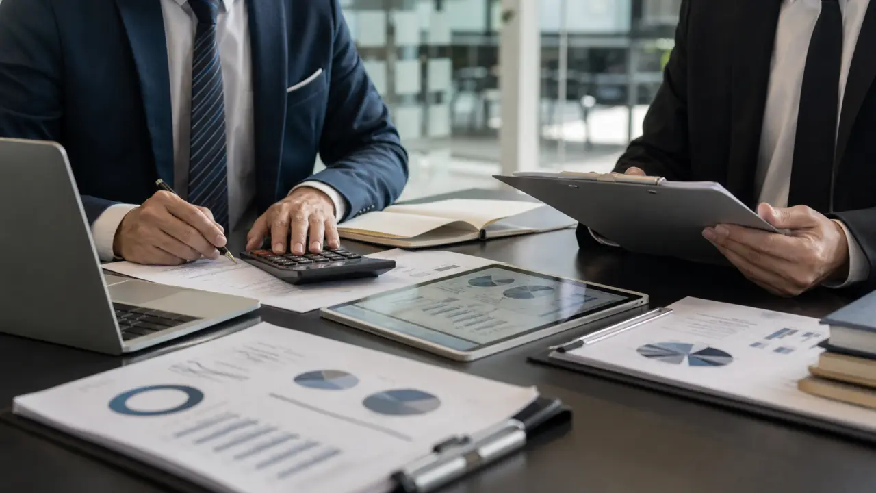Bureau d’angle vitré avec vue sur un quartier d’affaires, professionnels analysant des graphiques sur tablette