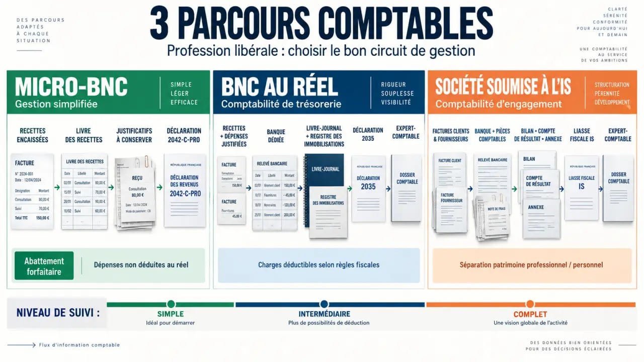 Logiciel comptabilité profession libérale : schéma des parcours micro-BNC, BNC au réel et société à l’IS