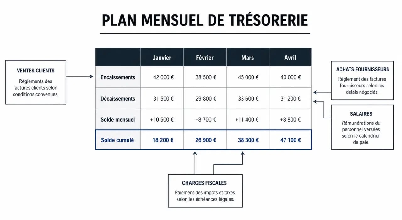 Gestion de trésorerie : schéma mensuel des encaissements, décaissements et du solde cumulé